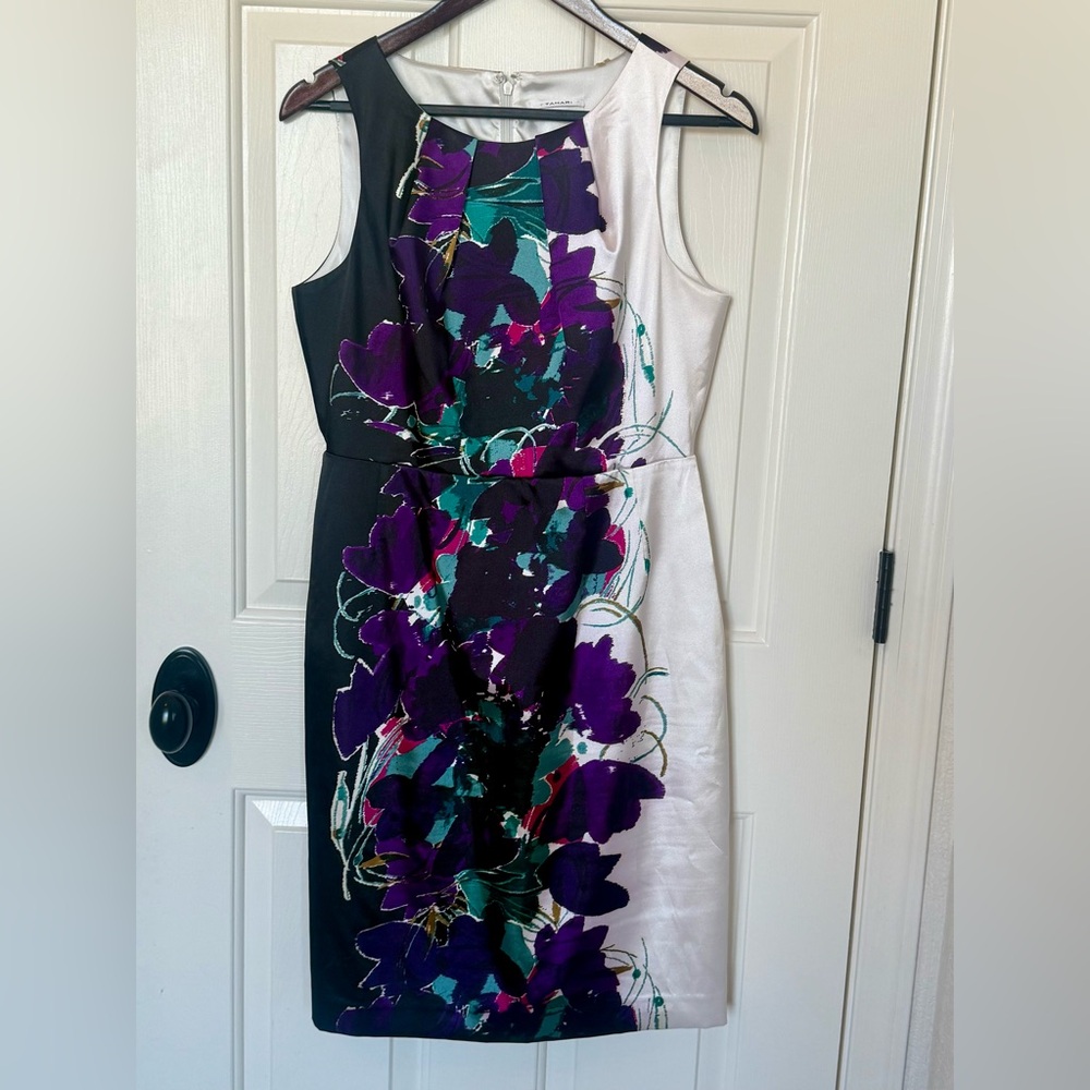 Tahari Black and White Midi Dress with Vibrant Purple Floral Pattern